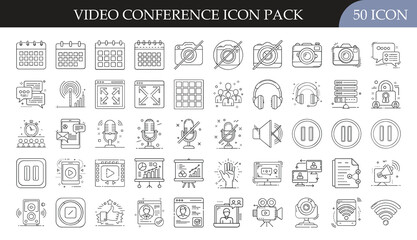 Video Conference and Online Meeting Icon Set - Collection of 50 outline icons featuring video calls, webcams, microphones, screens, and communication tools for remote work, meetings, and online