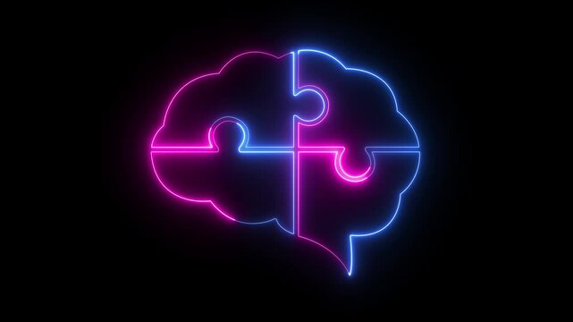 glowing neon brain puzzle icon isolated on black background. brain icon symbolizing intelligence and problem solving against. 4k motion video.