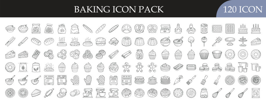Baking and Pastry Tools Icon Set - Collection of 120 outline icons featuring bread, cakes, pastries, ingredients, and baking tools for cooking, desserts, and kitchen themes.
