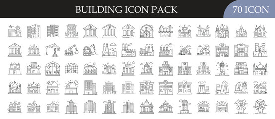 Building and Architecture Outline Icon Set - Collection of 70 outline icons featuring buildings, landmarks, houses, offices, and architectural structures for real estate, construction