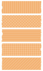 Set of orange washi tapes with patterns isolated on white. Tapes collection in vector. Pieces of decorative tape for scrapbooks. Torn paper. Lines, cell