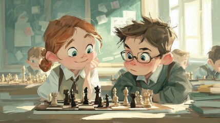 Two children learning to play chess with curious expressions, wooden chessboard on school desk, educational atmosphere, generative ai illustration.