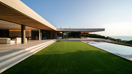 Fototapeta premium Modern house exterior with a lush green lawn and a stunning infinity pool overlooking the ocean on a sunny day