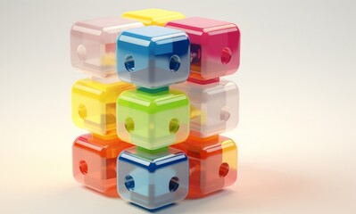 Geometric Harmony: A vibrant and colorful cube crafted from translucent, interlocking blocks stands as a symbol of creativity and intellect, evoking a sense of playfulness and order.