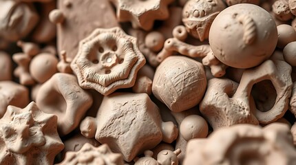 Tumbled Beige Clay Sculptures: Abstract shapes, textures, and forms in an artistic arrangement.                                                       