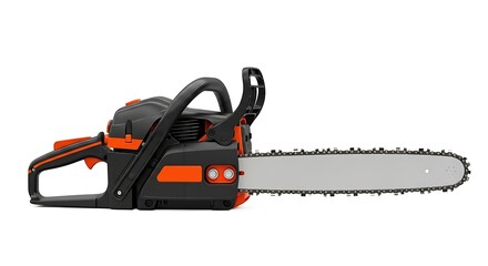 Modern Black and Orange Chainsaw with a Long Silver Blade, Perfectly Isolated in a Clean Side Profile Studio Shot.