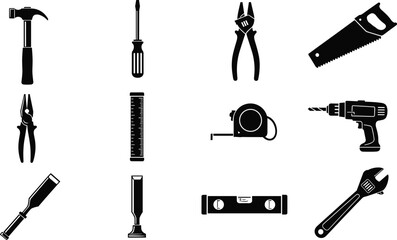 Silhouette Vector of Essential Hand Tools Including Hammer, Wrench, Drill, Tape Measure, Saw, Screwdriver, Chisels, and Ruler for DIY Projects