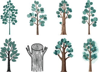 Tree vector illustration set, stylized trunks, foliage variations, sketch, silhouette, realistic styles, forest clipart bundle, nature icons, plant graphics