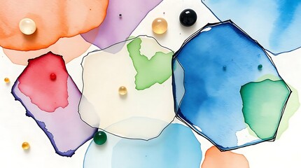 Watercolor Stains & Glass Beads: Abstract Painting with Vibrant Hues and Glass Orbs on Textured Paper, Close-Up Artistic Composition.                 