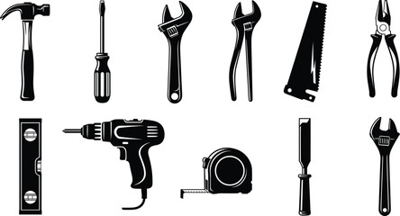 Vector Silhouette Set of Essential Hand Tools Including Hammer, Screwdriver, Adjustable Wrench, Pliers, Saw, Drill, Level, Tape Measure, and Chisel
