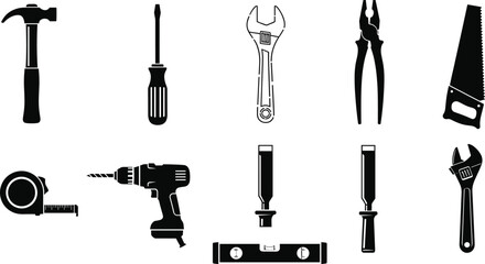 Vector set of essential hand tools including hammer, screwdriver, wrench, pliers, saw, electric drill, tape measure, chisel, and spirit level icons