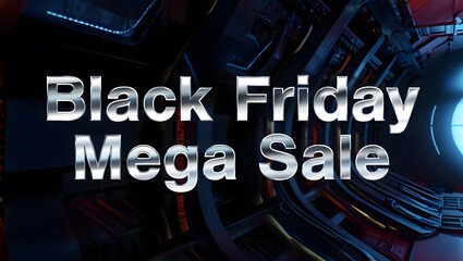 Black friday mega sale text with a futuristic metallic chrome effect set against a dark abstract background with glowing blue lights