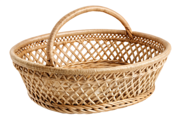 Classic empty wicker basket, hand-woven from natural reeds, featuring a sturdy handle, ideal for rustic decor, convenient storage, or elegant display, isolated on white