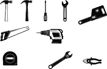 Black and white hand tools vector set featuring hammers, screwdrivers, adjustable wrenches, saw, power drill, tape measure, and pliers in silhouette style
