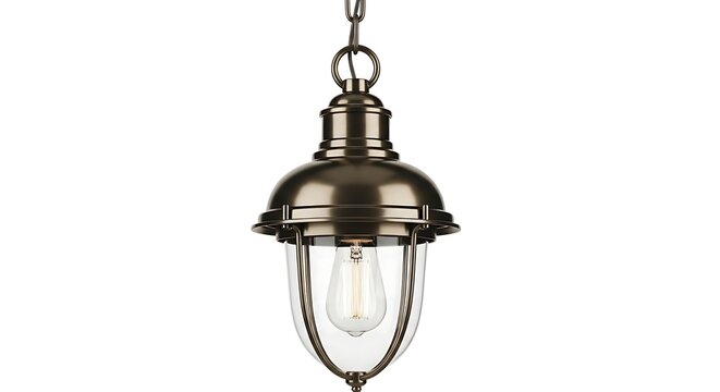 Retro Bronze Pendant Light Fixture with Clear Glass and Exposed Bulb on White Background.