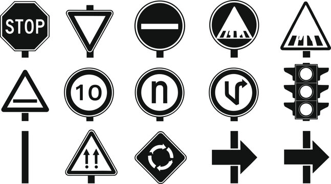 Black and white vector set of traffic signs including stop sign, yield, no entry, pedestrian crossing, speed limit, traffic lights, roundabout, and directional arrows