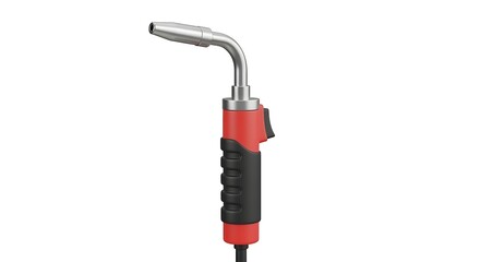 Ergonomic Red and Black MIG Welding Gun with Angled Metal Nozzle Isolated on a Clean White Background.