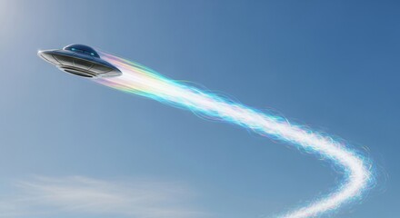 Shiny silver unidentified flying object soaring across the blue sky with a glowing iridescent trail. Science fiction concept of alien invasion.