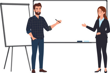 Vector illustration of two professionals presenting with blank whiteboard and flip chart, ideal for meetings, training, and educational themes