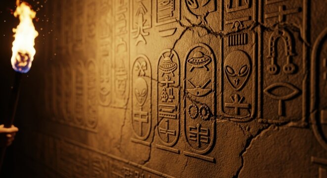 Hand holding torch illuminating ancient alien hieroglyphs with UFO and extraterrestrial symbols carved into a stone wall. Mystery and conspiracy concept.