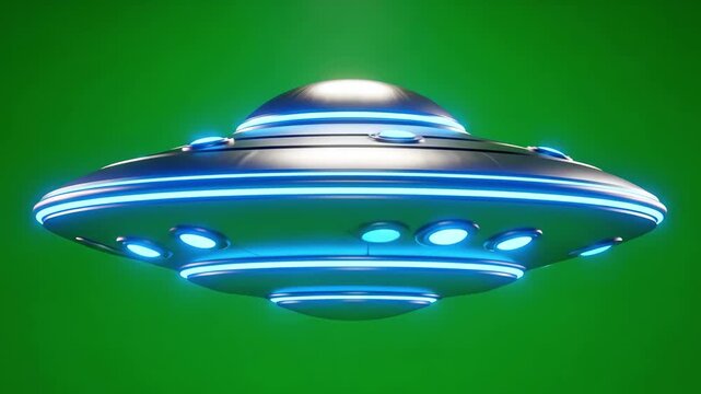 Modern ufo flying saucer with blue lights on a green screen background
