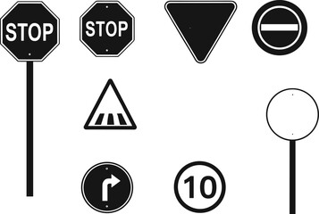 Black and white vector traffic signs collection with stop signs, yield, no entry, pedestrian crossing, speed limit, right turn, and blank sign on poles