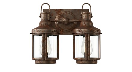 Rustic Bronze Lantern Wall Sconce - Dual Light Fixture, Isolated on White.