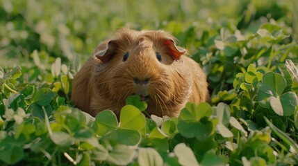 Cute Guinea Pig Surrounded by Green Clovers in Sunlight
