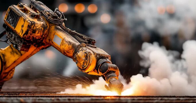 Close-up of a robotic arm welding with sparks