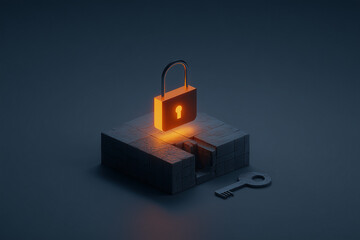 Minimalist 3D glowing lock hovering above a platform next to a broken key symbolizing cybersecurity failure or access denied