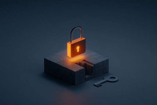 Minimalist 3D glowing lock hovering above a platform next to a broken key symbolizing cybersecurity failure or access denied