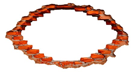 Smashed Red Brick Wall Forming a Jagged Oval Frame on a White Background.