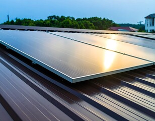 Solar panels on a brown corrugated metal roof at sunset