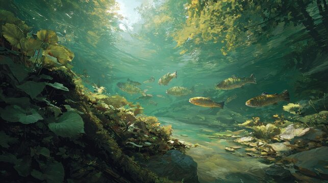 Underwater scene with sun rays shining through the surface, illuminating a school of fish swimming in a clear, freshwater stream