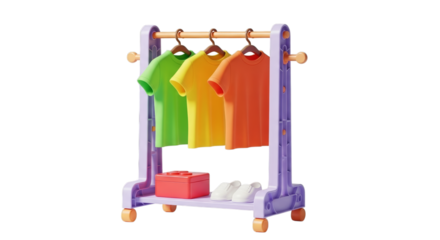 Colorful shirts on purple rack with shoes isolated on a transparent background green yellow