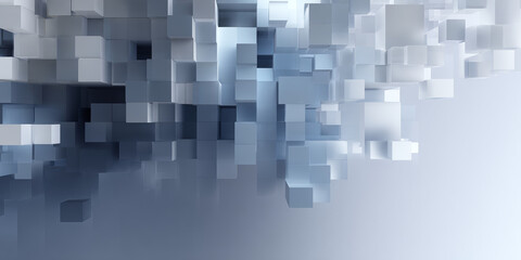 Abstract composition of 3D cubes in shades of blue and gray

