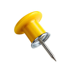 Yellow push pin isolated on white background with sharp metal tip visible.  