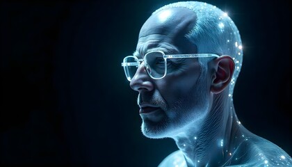 Fototapeta premium A hyper-realistic cinematic portrait of a man with a head entirely made of sparkling diamond crystal, reflecting light in a prism-like effect. Even his glasses are sculpted from pure diamond