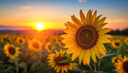 Obraz premium A sunflower field at sunset