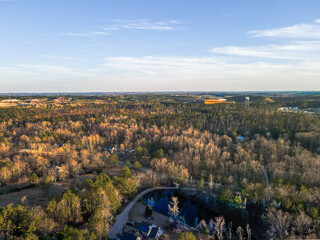 Aerial landscape Blanchard park forest winter after Hurricane Helene in Evans Augusta Georgia