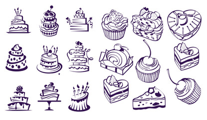 Set of stylized cakes, tarts and cupcakes. Hand drawn cartoon vector black and white sketch illustration
