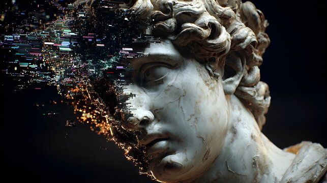 Futuristic glitch art: classical marble statue with digital pixel rain