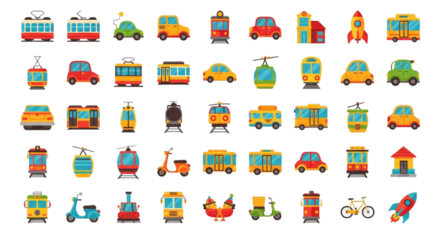 Diverse vehicles and buildings collection isolated on a transparent background transportation public