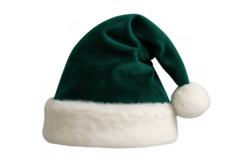 Green santa claus hat with white fur trim on transparent background