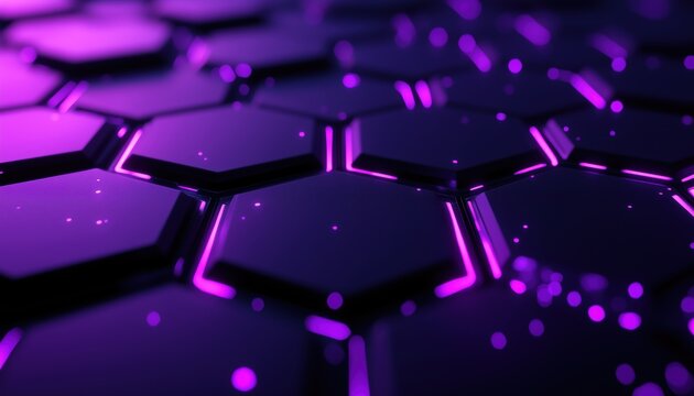 Dark Abstract Composition Featuring Luminous Purple Hexagons, Neon Lights, And Technological Elements