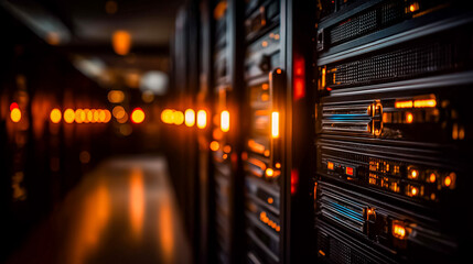 Server room racks with status LEDs flashing during a simulated cyber incident