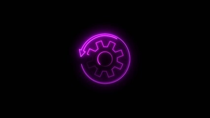 Neon Gear and Arrow Icon. Glowing Settings and Update Symbol on Black Background.