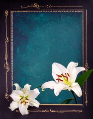Elegant frame with white lilies on teal background