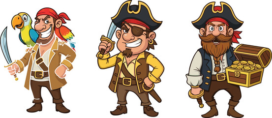 Cartoon pirate characters with sword, parrot, treasure chest and eyepatch, adventurous seafarers illustration for children, fantasy, adventure, costume, and storytelling design.