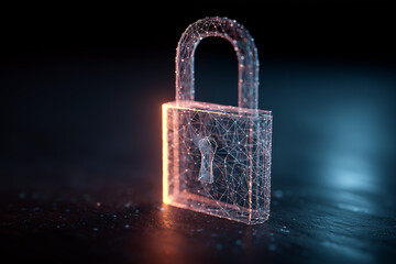 Minimalist glowing digital lock encased in a translucent wireframe symbolic of virtual protection or firewall security clean tech aesthetic